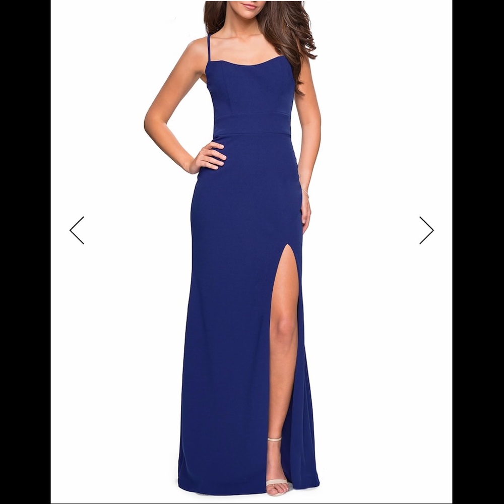 NWT LA FEMME Strappy-Back Jersey Gown in Sapphire